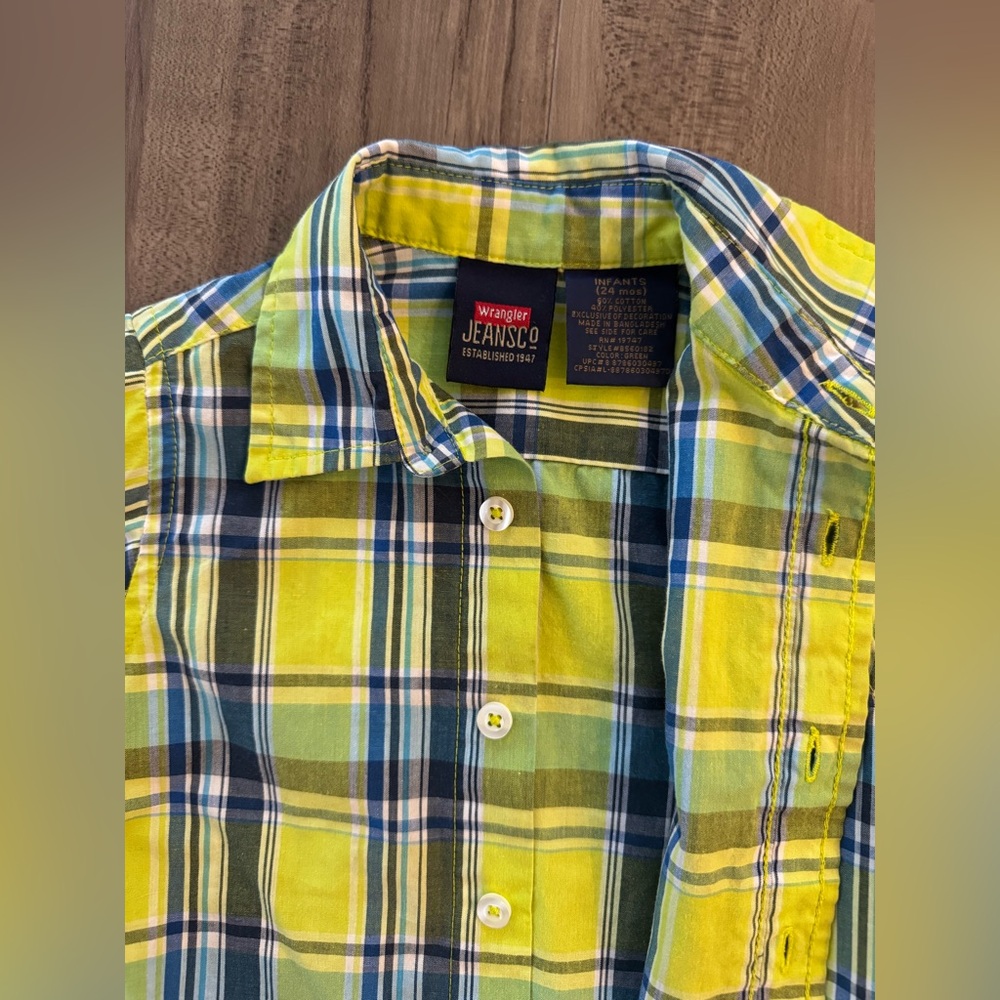 BABY TODDLER BUTTON DOWN SHORT SLEEVE SHIRT. GREEN PLAID SHIRT. Infants (24 mos) - Picture 4 of 8